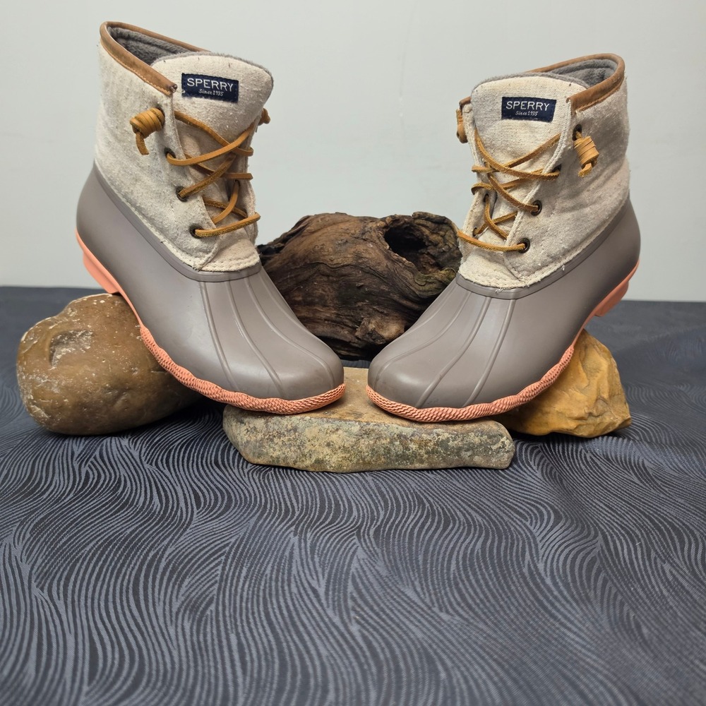 Sperry Saltwater Duck Boots Womens 8  Gray Coral Fleece Lined Waterproof